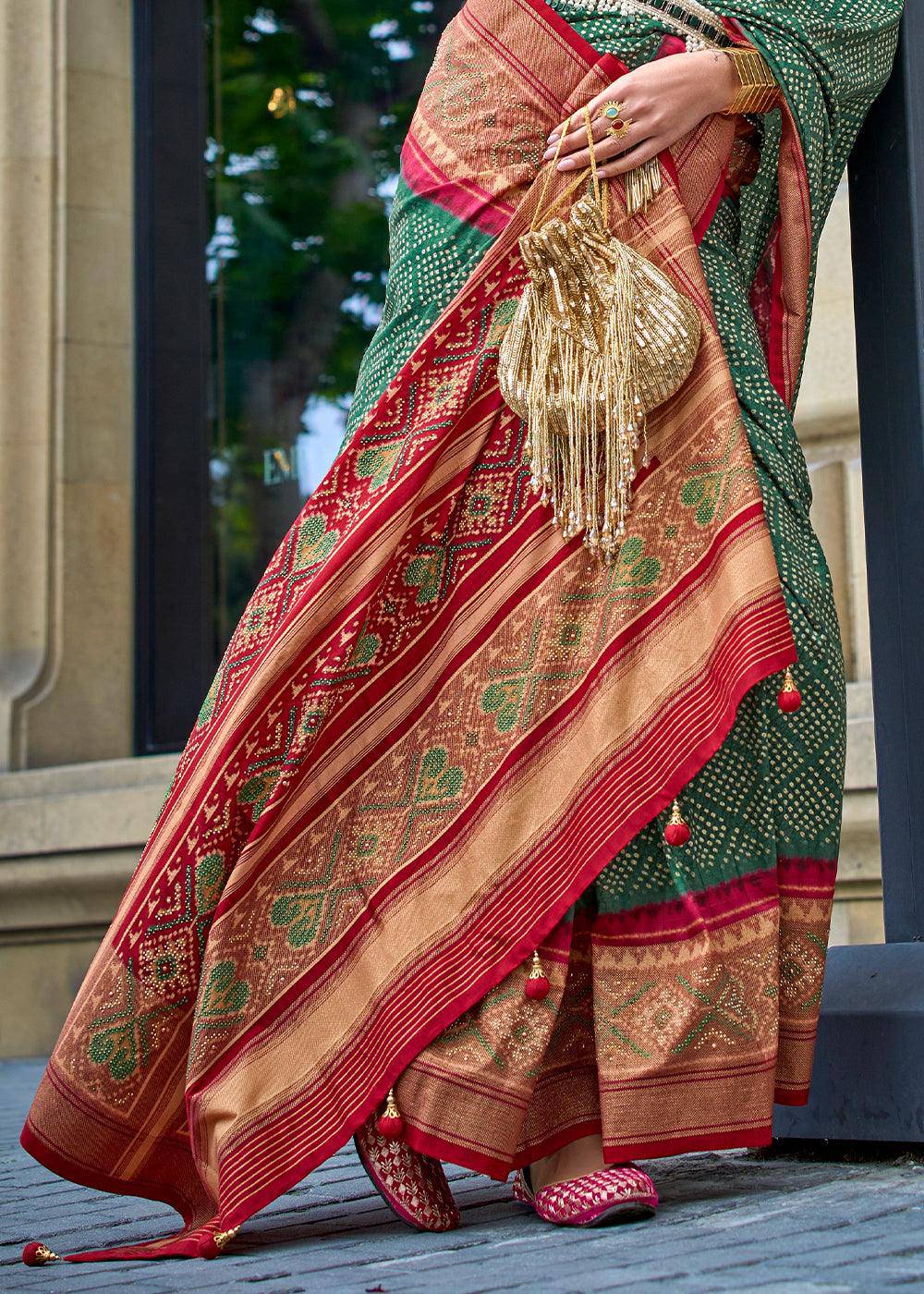 Dark Green Patola Printed Viscose Silk Saree | Stitched Blouse - qivii