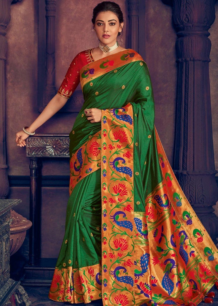 Dark Green Woven Paithani Silk Saree with Floral Motif Zari Border | Stitched Blouse - qivii