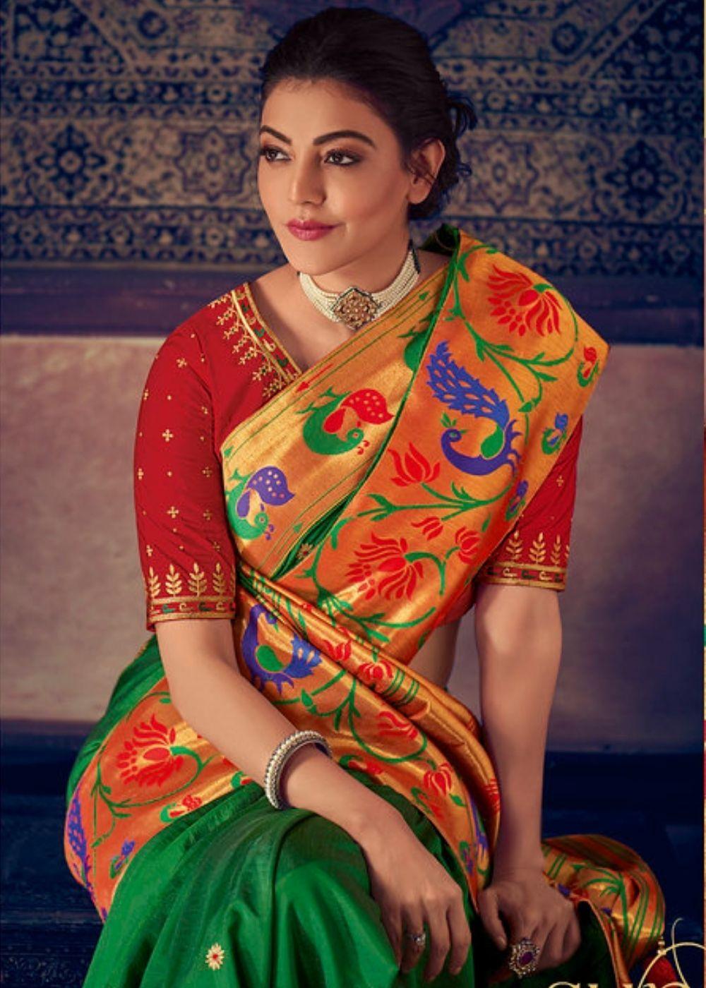 Dark Green Woven Paithani Silk Saree with Floral Motif Zari Border | Stitched Blouse - qivii