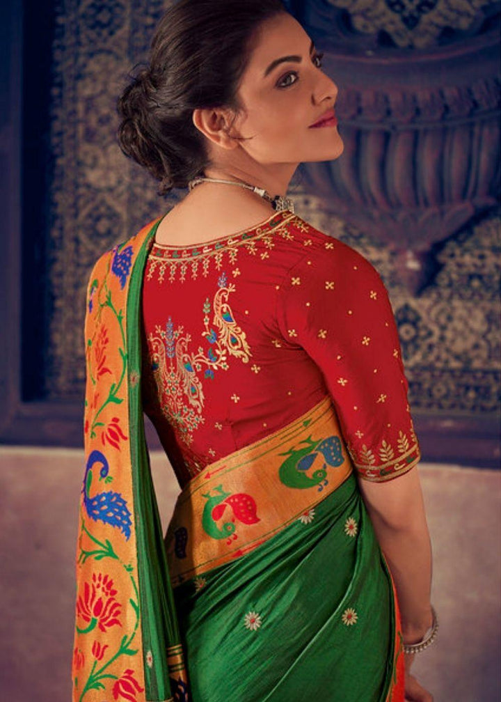 Dark Green Woven Paithani Silk Saree with Floral Motif Zari Border | Stitched Blouse - qivii