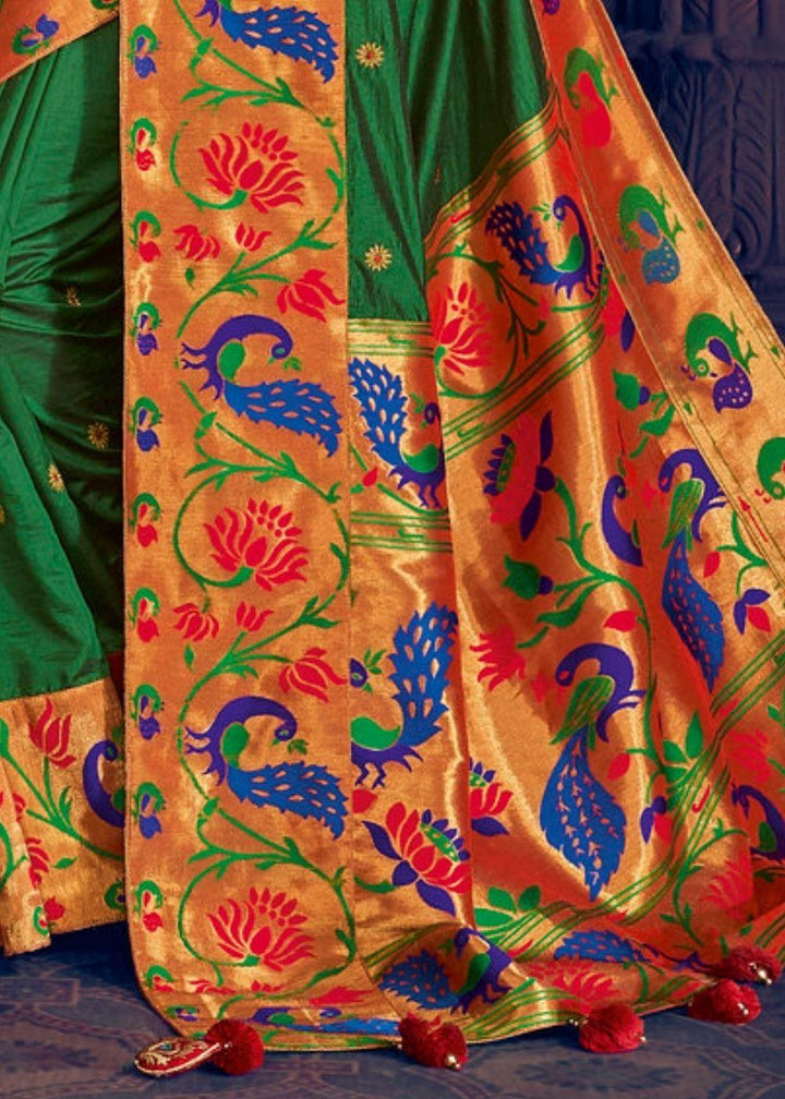 Dark Green Woven Paithani Silk Saree with Floral Motif Zari Border | Stitched Blouse - qivii