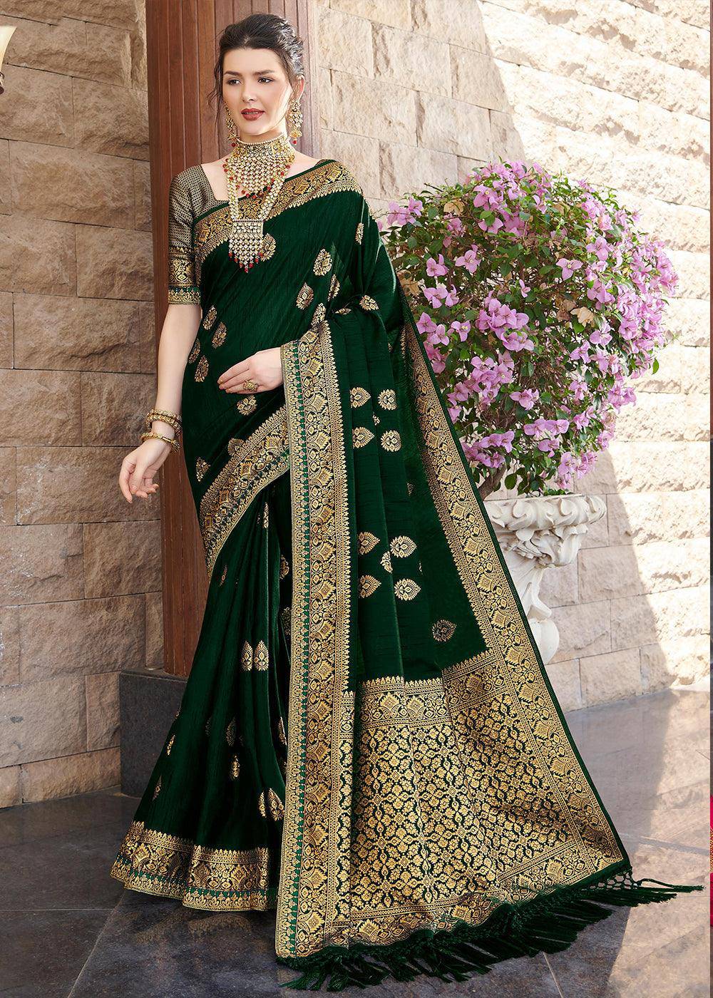 Dark Green Zari Woven Banarasi Silk Saree with Brocade Blouse | Stitched Blouse - qivii