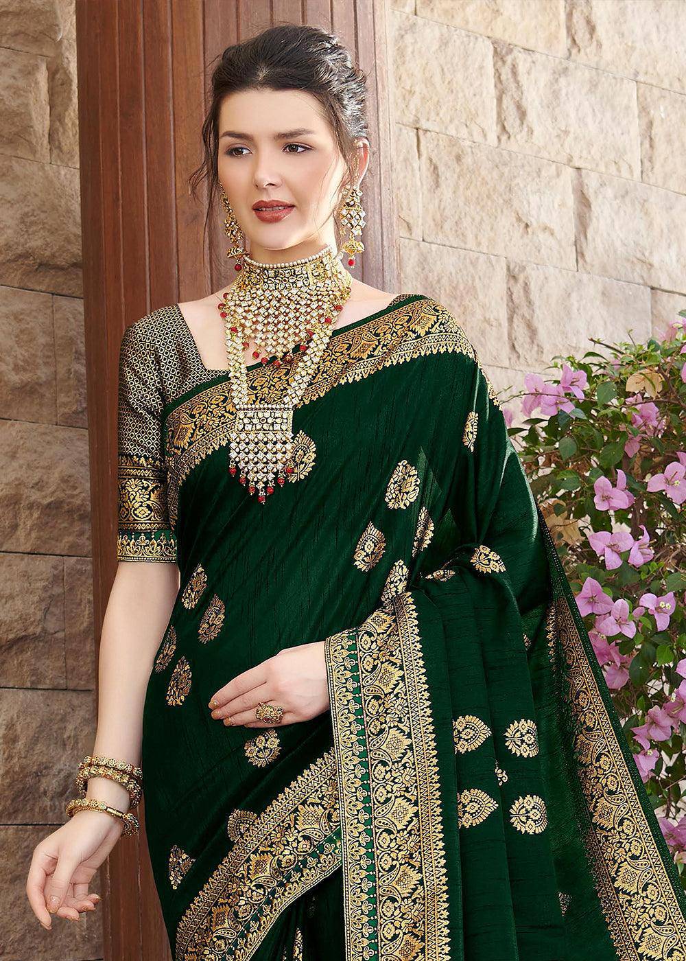 Dark Green Zari Woven Banarasi Silk Saree with Brocade Blouse | Stitched Blouse - qivii