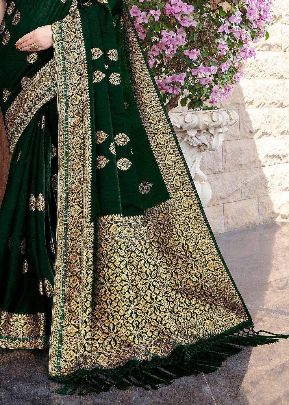 Dark Green Zari Woven Banarasi Silk Saree with Brocade Blouse | Stitched Blouse - qivii