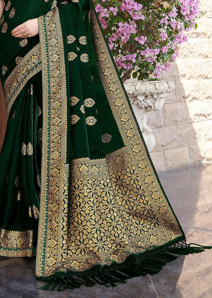 Dark Green Zari Woven Banarasi Silk Saree with Brocade Blouse | Stitched Blouse - qivii