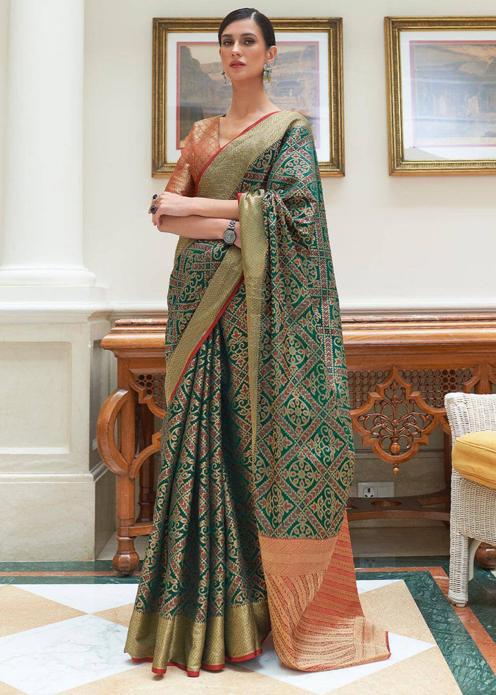 Dark Green Zari Woven Patola Silk Saree | Stitched Blouse - qivii