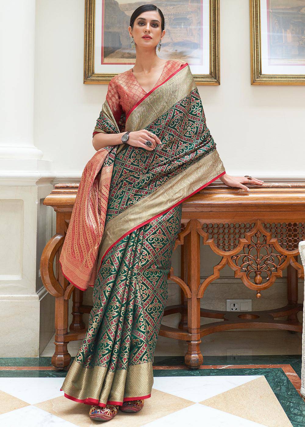 Dark Green Zari Woven Patola Silk Saree | Stitched Blouse - qivii