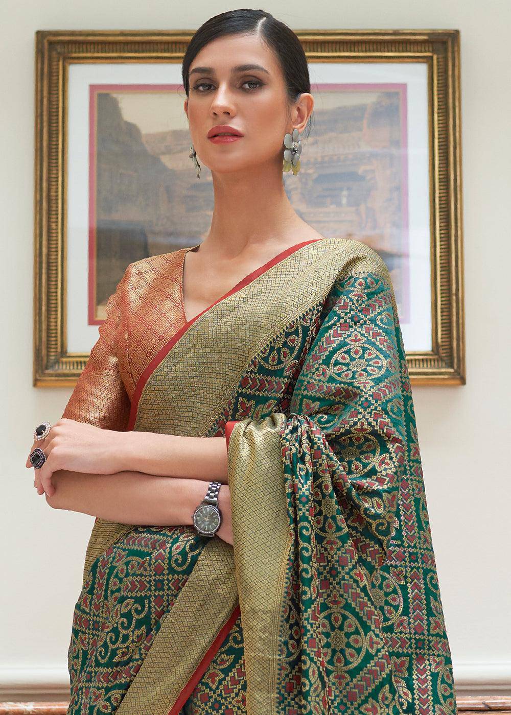 Dark Green Zari Woven Patola Silk Saree | Stitched Blouse - qivii