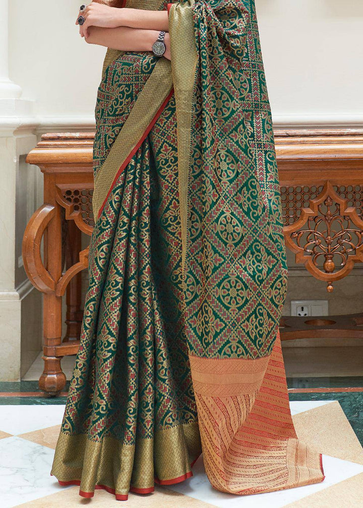 Dark Green Zari Woven Patola Silk Saree | Stitched Blouse - qivii