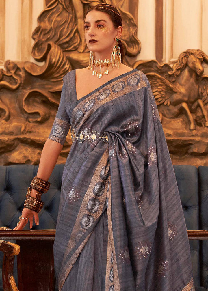 Dark Grey Woven Tussar Silk Saree with Sequins Work | Stitched Blouse - qivii