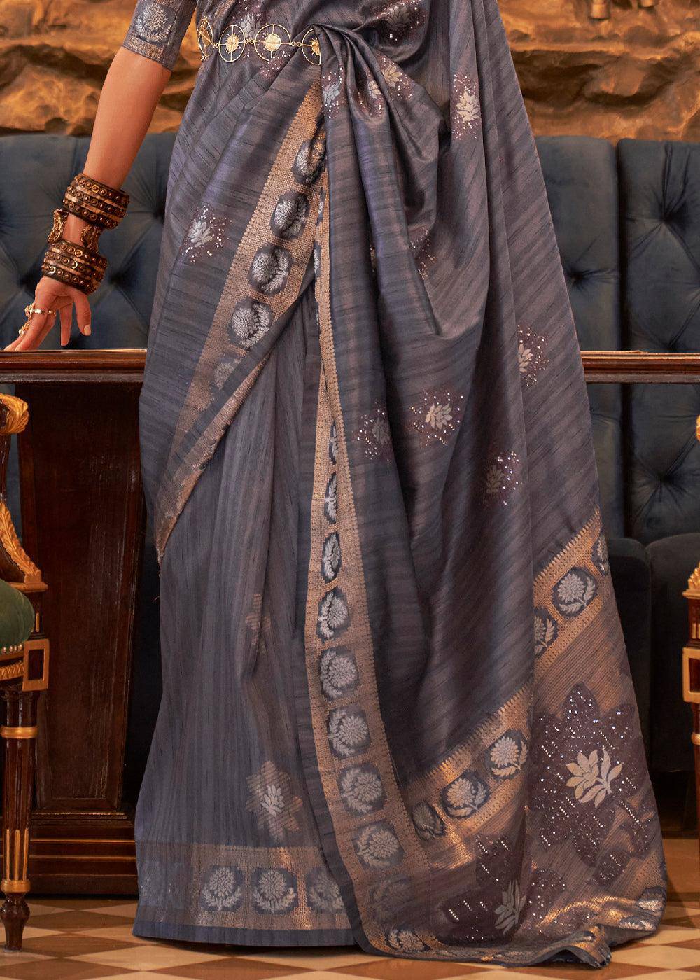 Dark Grey Woven Tussar Silk Saree with Sequins Work | Stitched Blouse - qivii