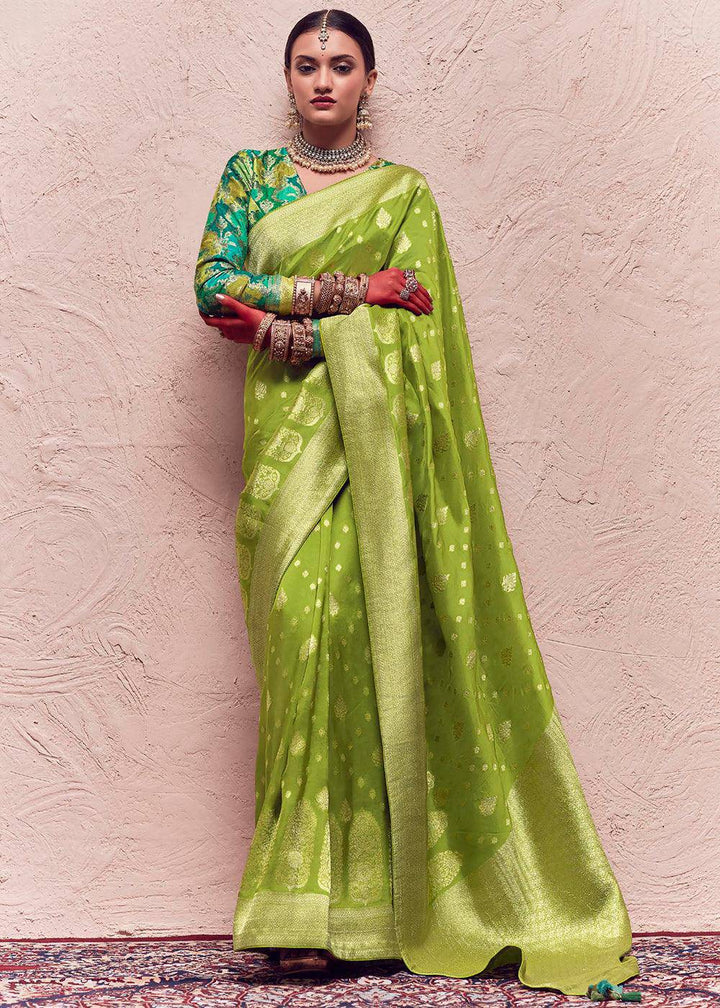 Dark Lime Green Zari Woven Dola Silk Saree With Zari Woven Blouse | Stitched Blouse - qivii