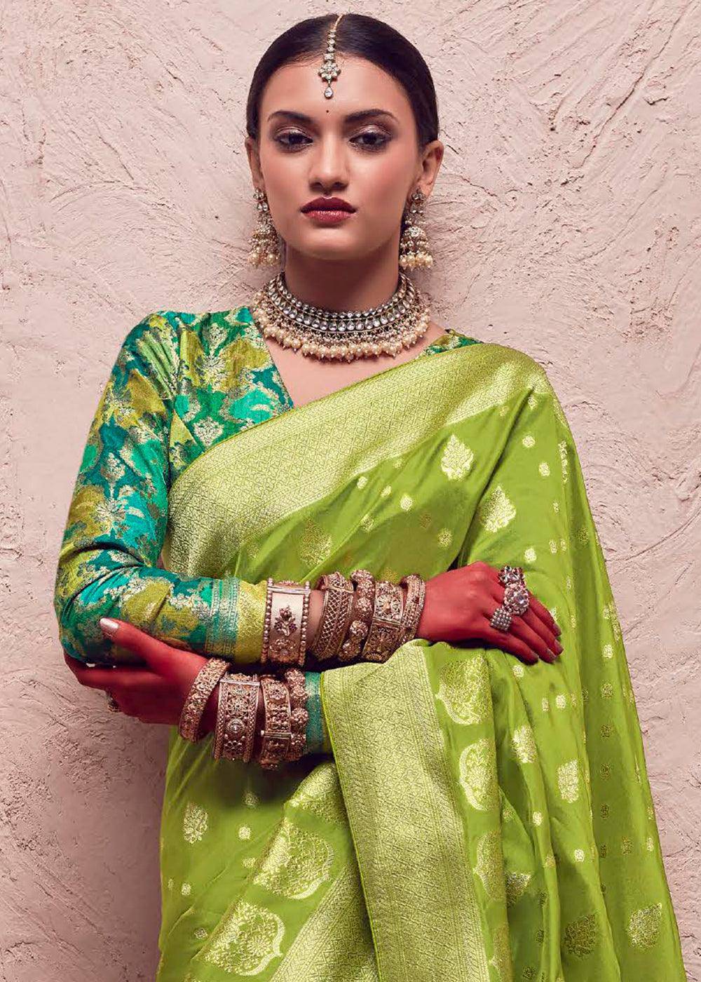 Dark Lime Green Zari Woven Dola Silk Saree With Zari Woven Blouse | Stitched Blouse - qivii