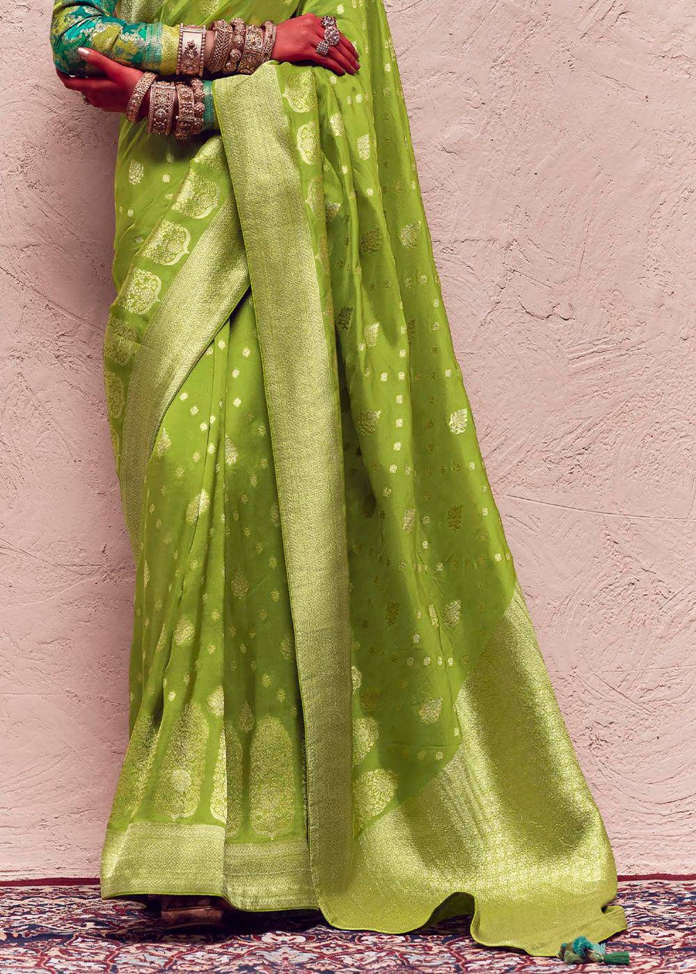 Dark Lime Green Zari Woven Dola Silk Saree With Zari Woven Blouse | Stitched Blouse - qivii