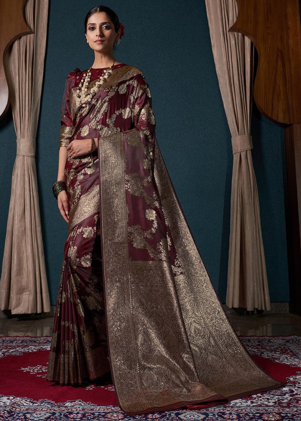 Dark Maroon Brown Zari Woven Satin Silk Saree - qivii