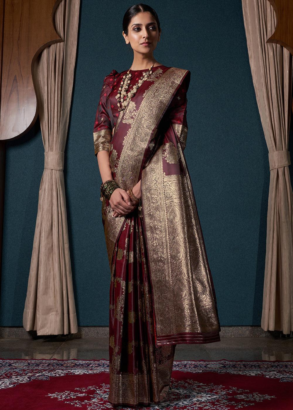 Dark Maroon Brown Zari Woven Satin Silk Saree - qivii