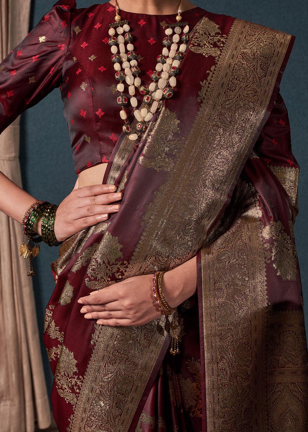 Dark Maroon Brown Zari Woven Satin Silk Saree - qivii