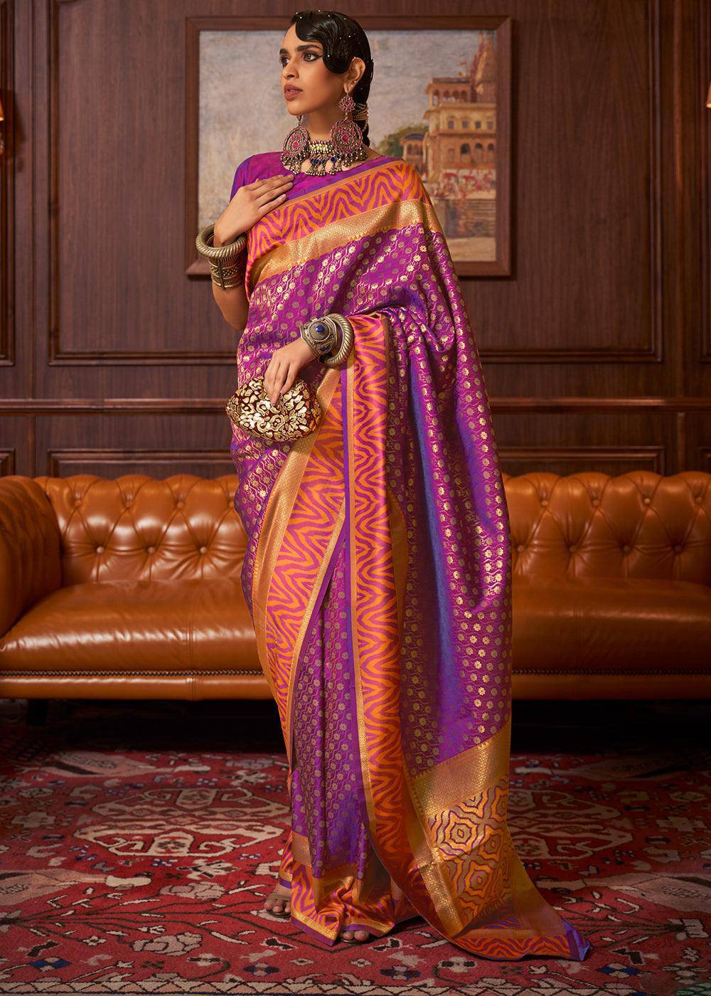 Dark Orchid Purple Handloom Woven Banarasi Silk Saree | Stitched Blouse - qivii