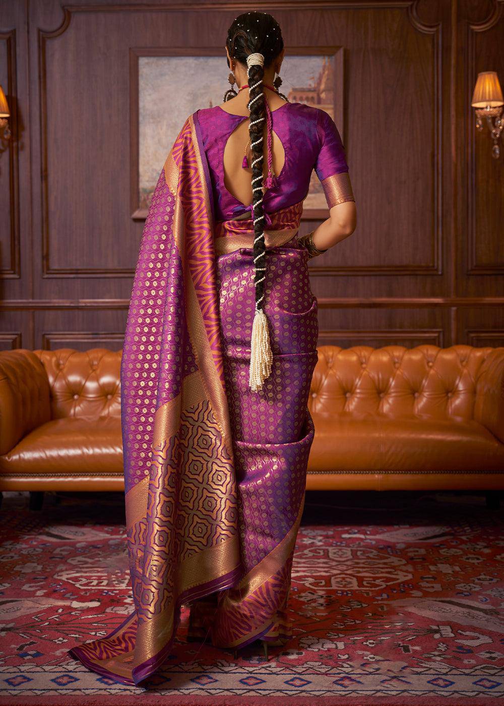 Dark Orchid Purple Handloom Woven Banarasi Silk Saree | Stitched Blouse - qivii