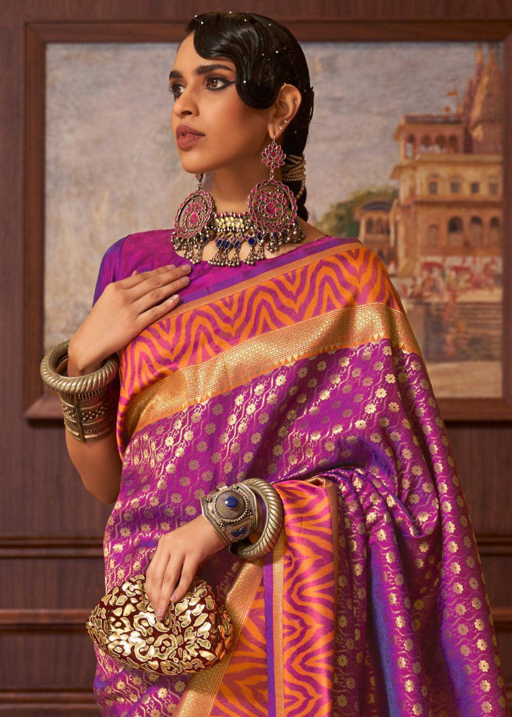 Dark Orchid Purple Handloom Woven Banarasi Silk Saree | Stitched Blouse - qivii