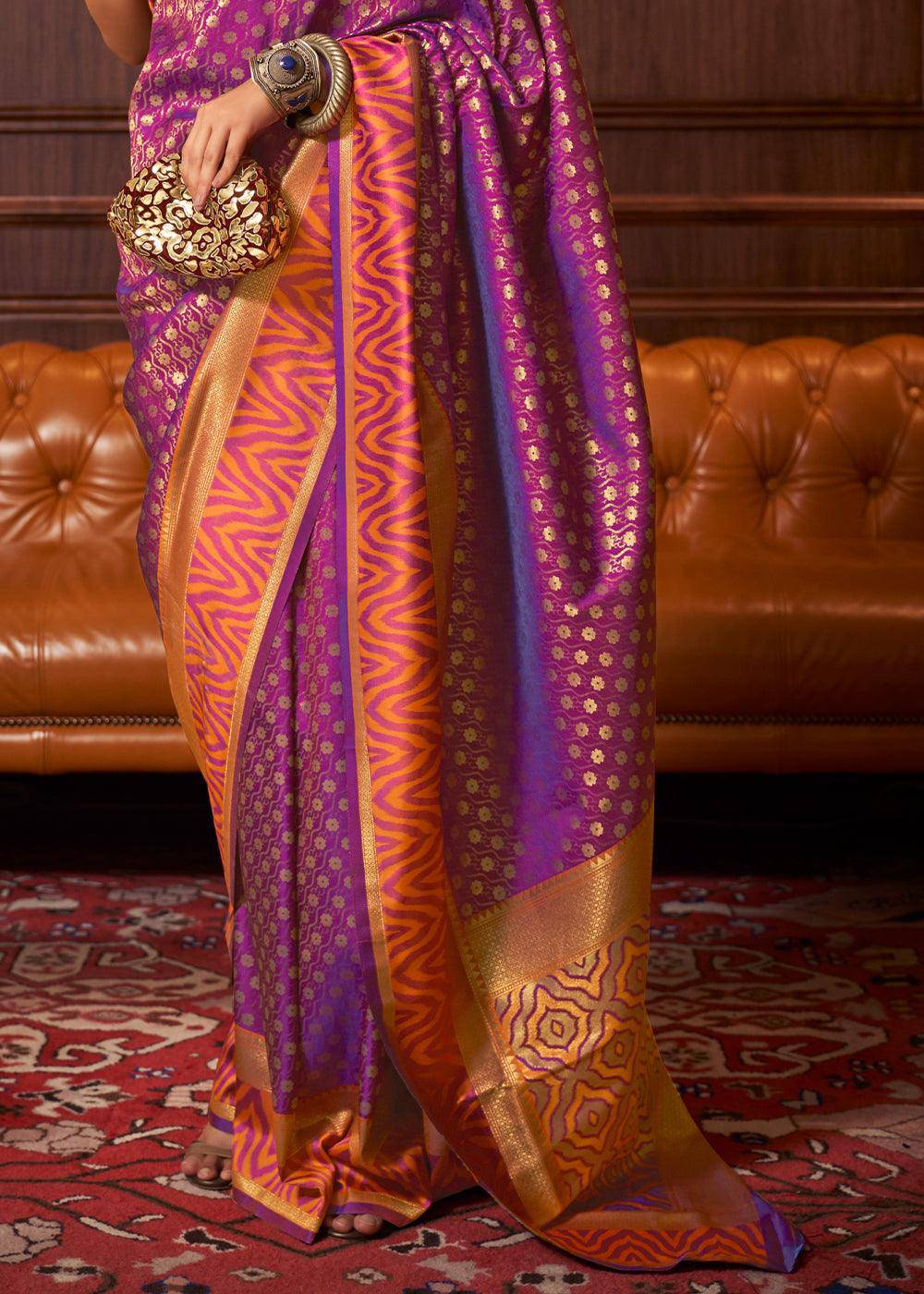 Dark Orchid Purple Handloom Woven Banarasi Silk Saree | Stitched Blouse - qivii