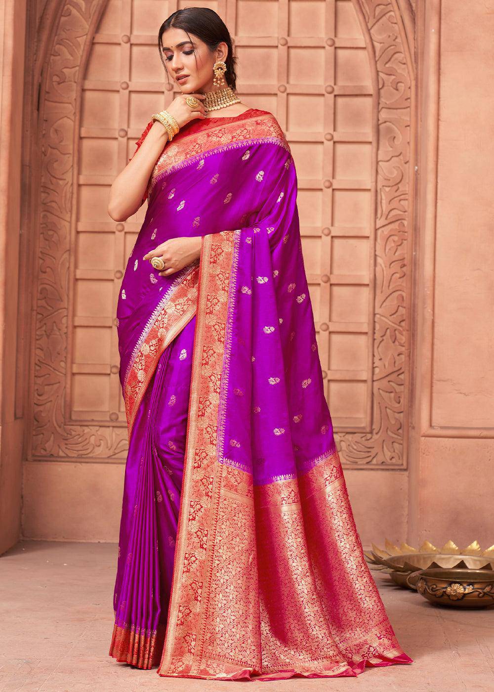 Dark Orchid Purple Satin Silk Saree with Overall Butti work | Stitched Blouse - qivii