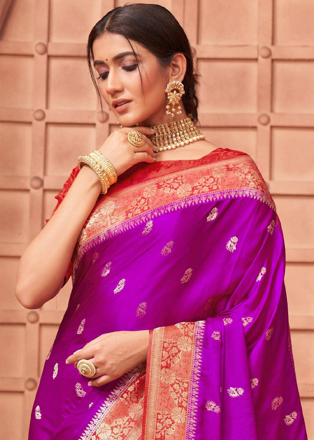 Dark Orchid Purple Satin Silk Saree with Overall Butti work | Stitched Blouse - qivii