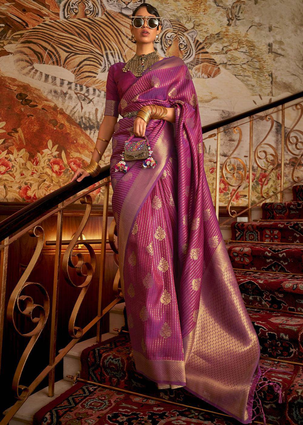 Dark Orchid Purple Woven Banarasi Silk Saree | Stitched Blouse - qivii