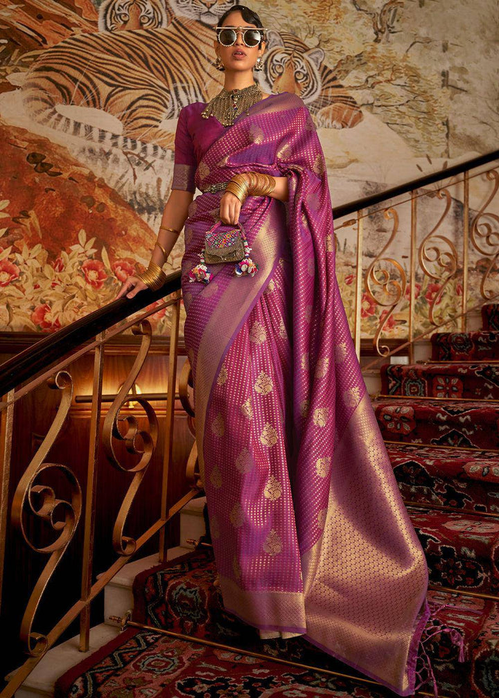 Dark Orchid Purple Woven Banarasi Silk Saree | Stitched Blouse - qivii