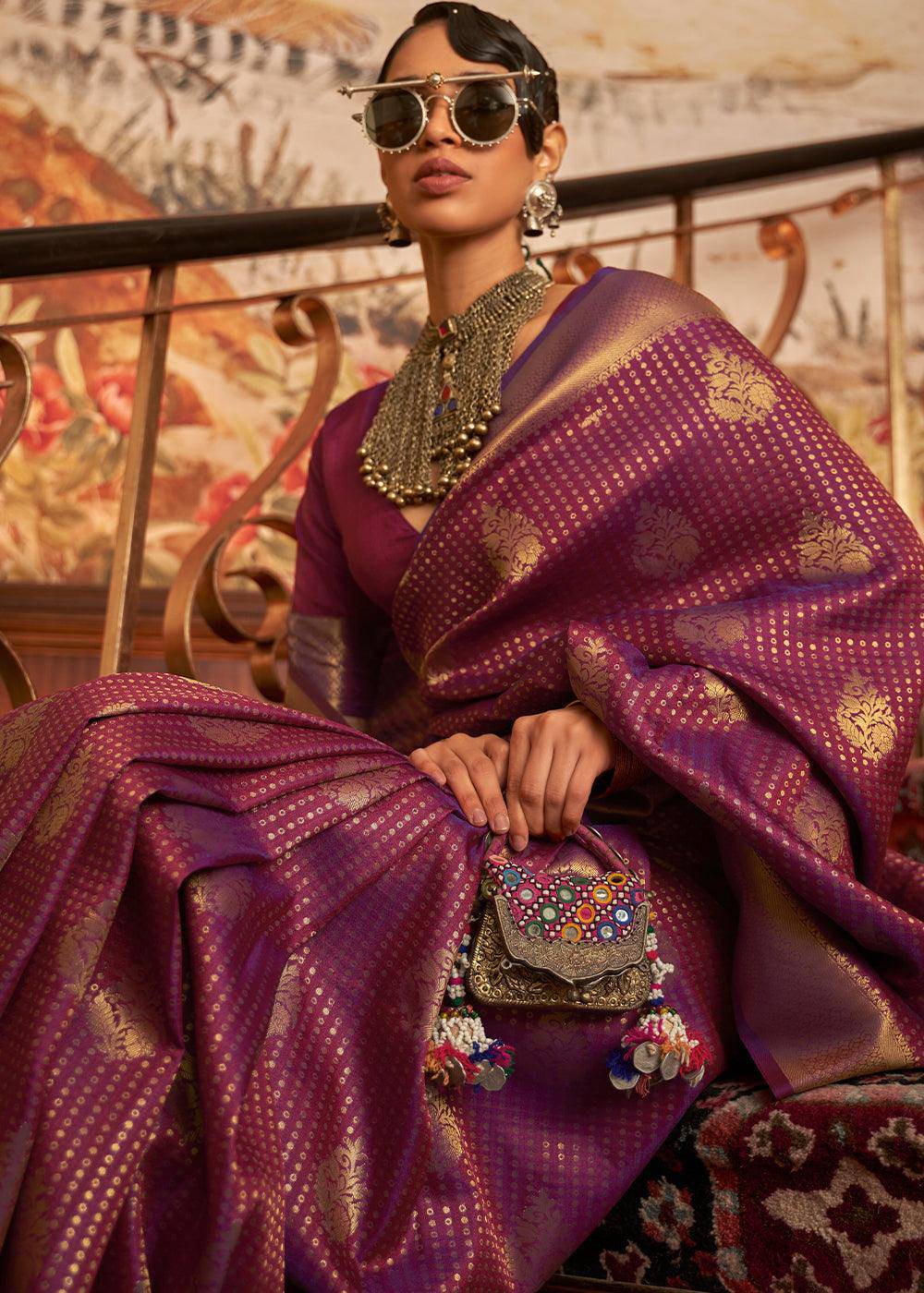 Dark Orchid Purple Woven Banarasi Silk Saree | Stitched Blouse - qivii