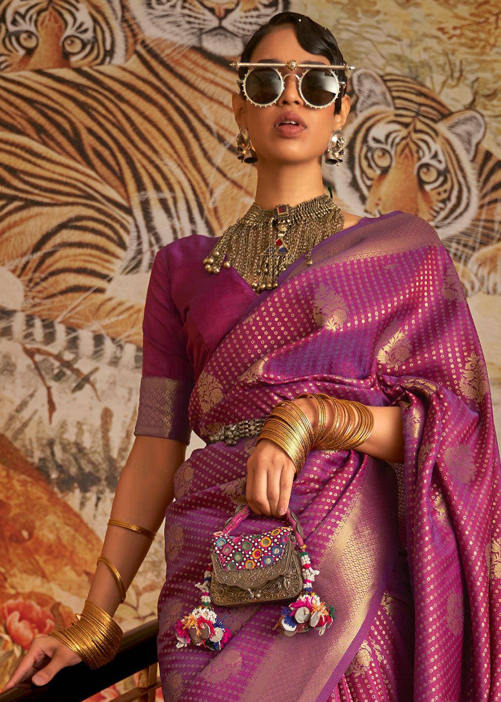 Dark Orchid Purple Woven Banarasi Silk Saree | Stitched Blouse - qivii