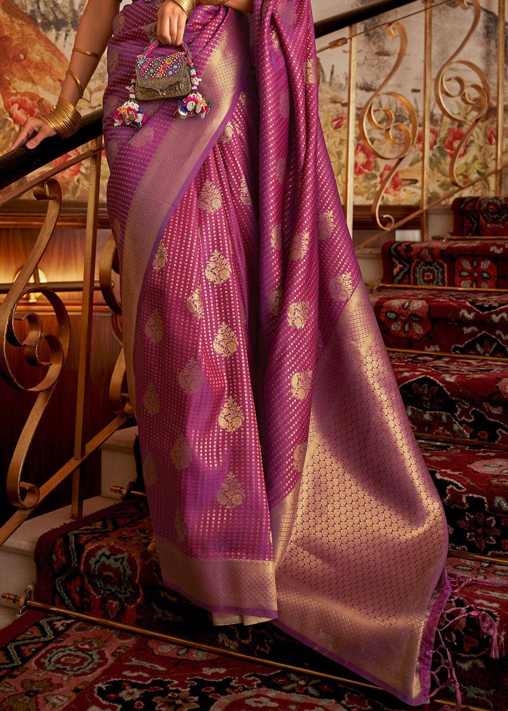 Dark Orchid Purple Woven Banarasi Silk Saree | Stitched Blouse - qivii