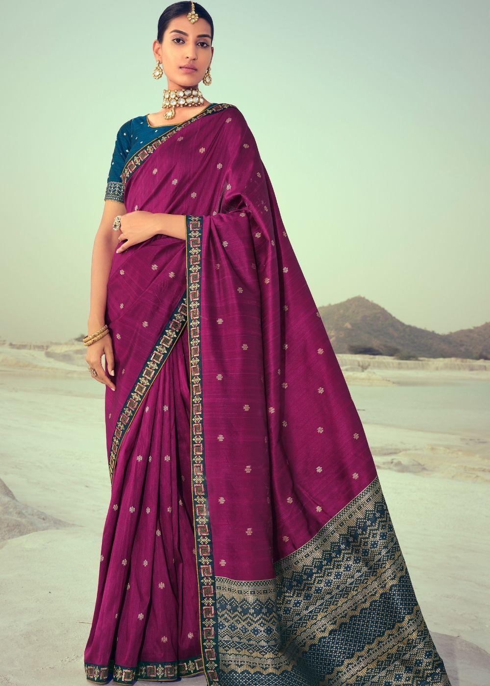 Dark Orchid Purple Woven Banarasi Silk Saree with Embroidered Border & Swarovski work | Stitched Blouse - qivii