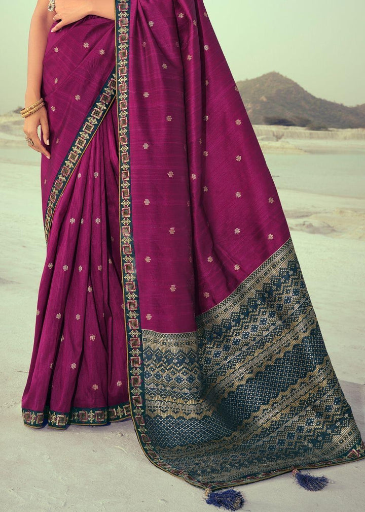 Dark Orchid Purple Woven Banarasi Silk Saree with Embroidered Border & Swarovski work | Stitched Blouse - qivii