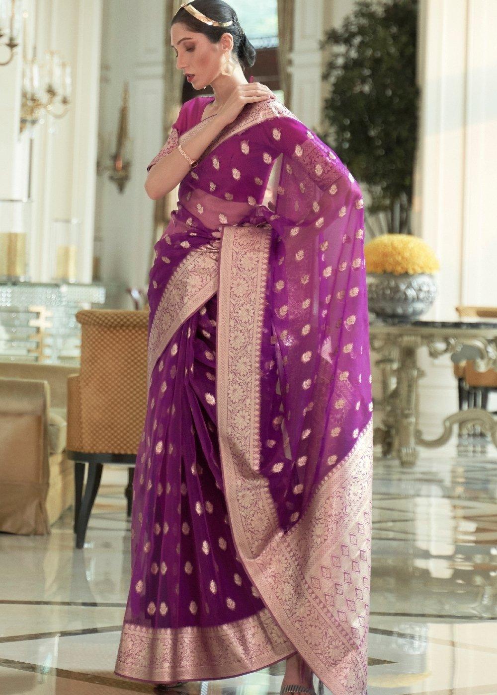 Dark Orchid Purple Zari Woven Organza Silk Saree | Stitched Blouse - qivii