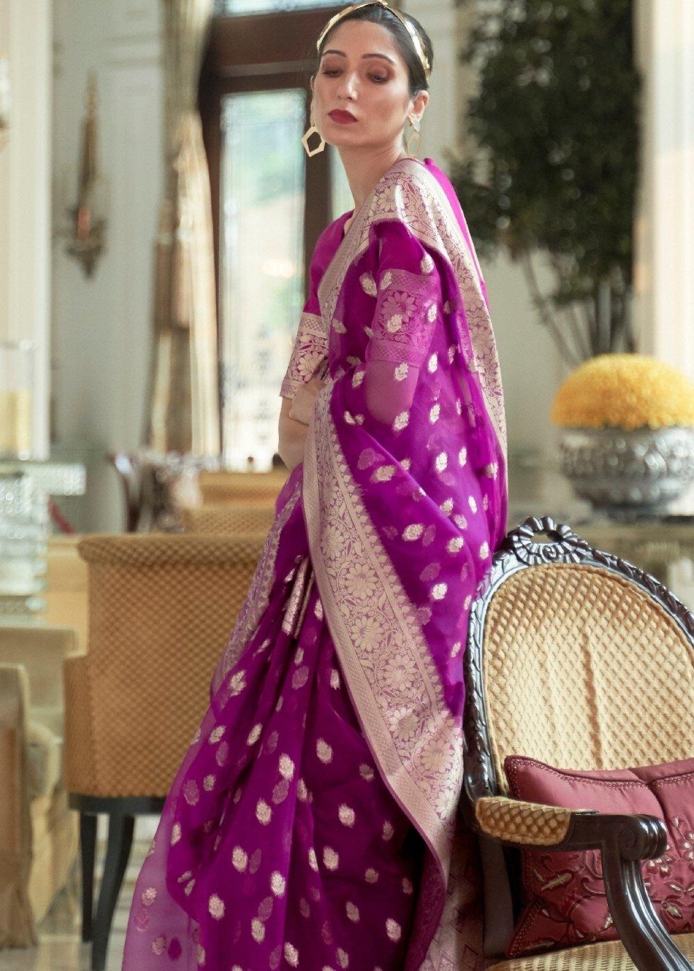 Dark Orchid Purple Zari Woven Organza Silk Saree | Stitched Blouse - qivii