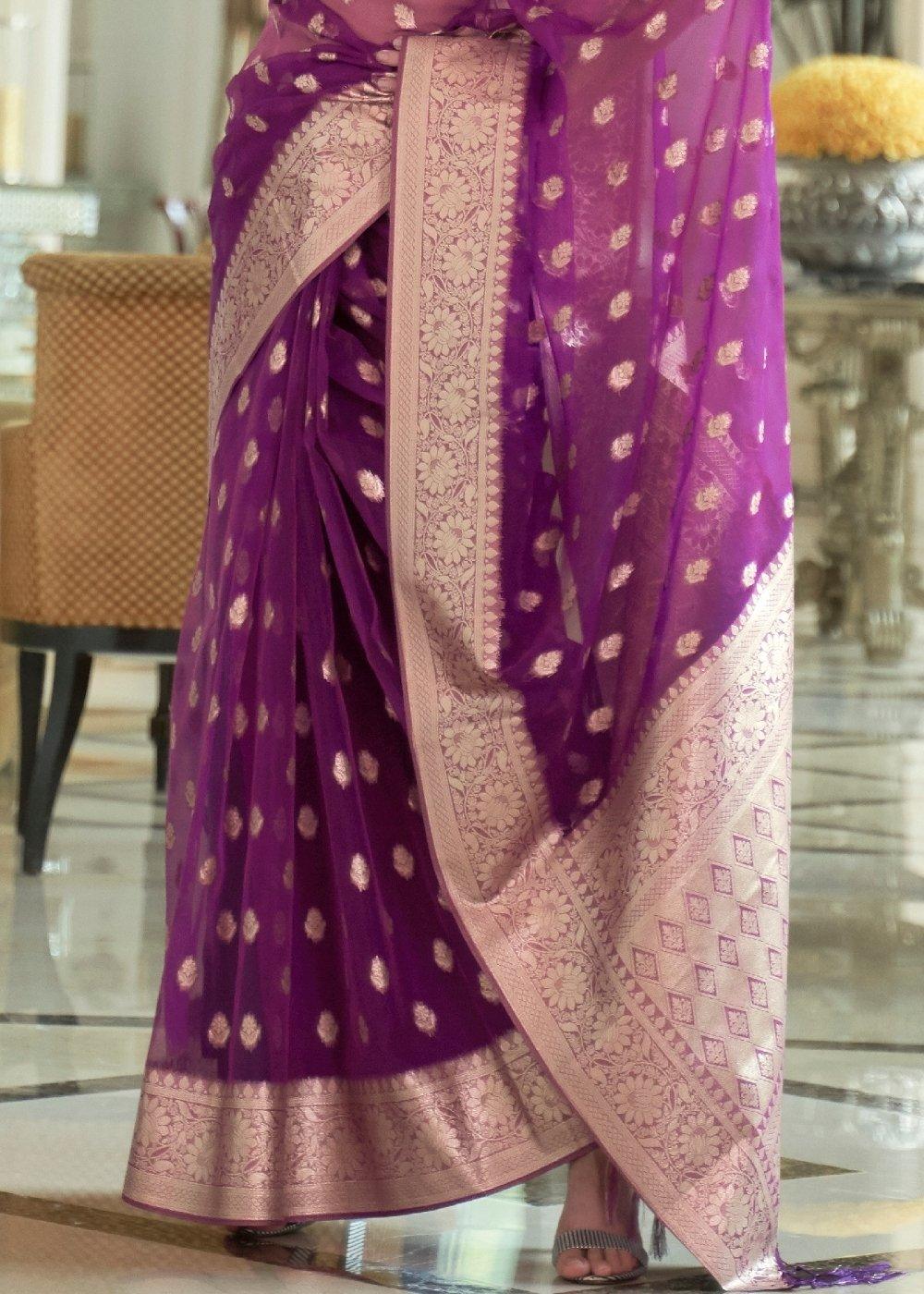 Dark Orchid Purple Zari Woven Organza Silk Saree | Stitched Blouse - qivii