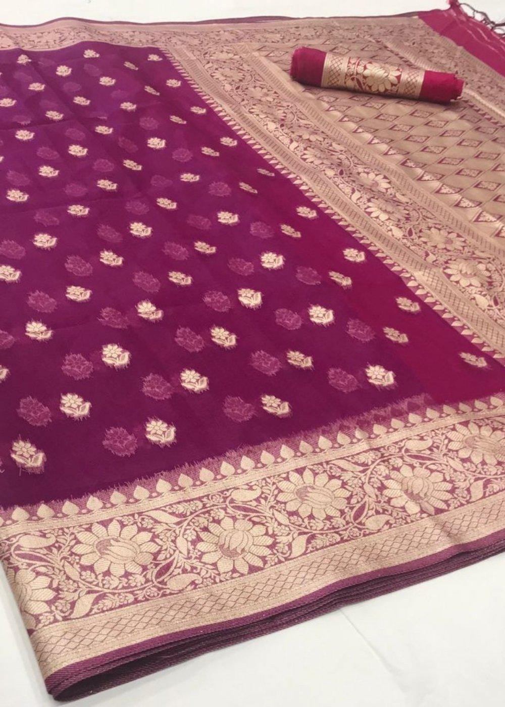 Dark Orchid Purple Zari Woven Organza Silk Saree | Stitched Blouse - qivii