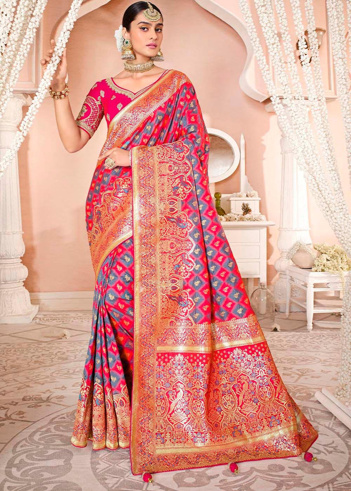 Dark Pink Woven Banarasi Silk Saree with Embroidered Blouse | Stitched Blouse - qivii