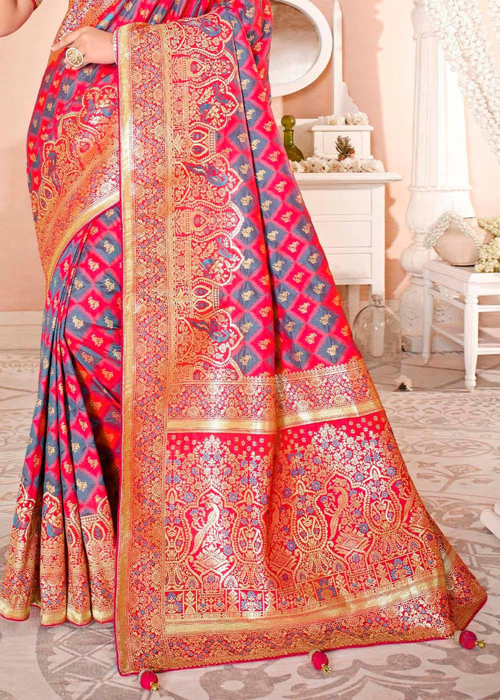 Dark Pink Woven Banarasi Silk Saree with Embroidered Blouse | Stitched Blouse - qivii