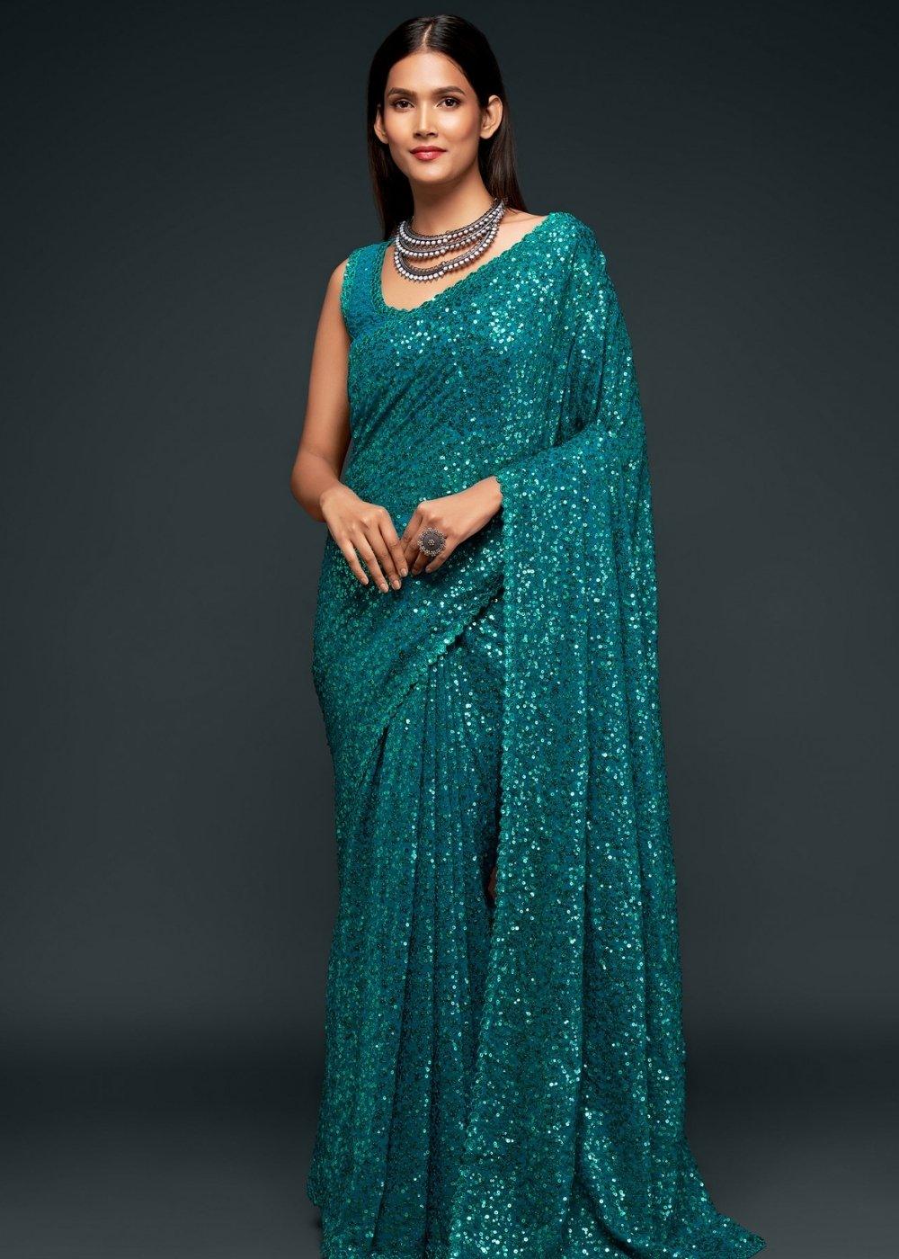 Dark Teal Blue Sequins & Thread Embroidered Designer Georgette Saree | Stitched Blouse - qivii