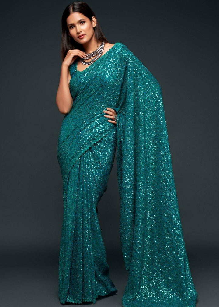 Dark Teal Blue Sequins & Thread Embroidered Designer Georgette Saree | Stitched Blouse - qivii