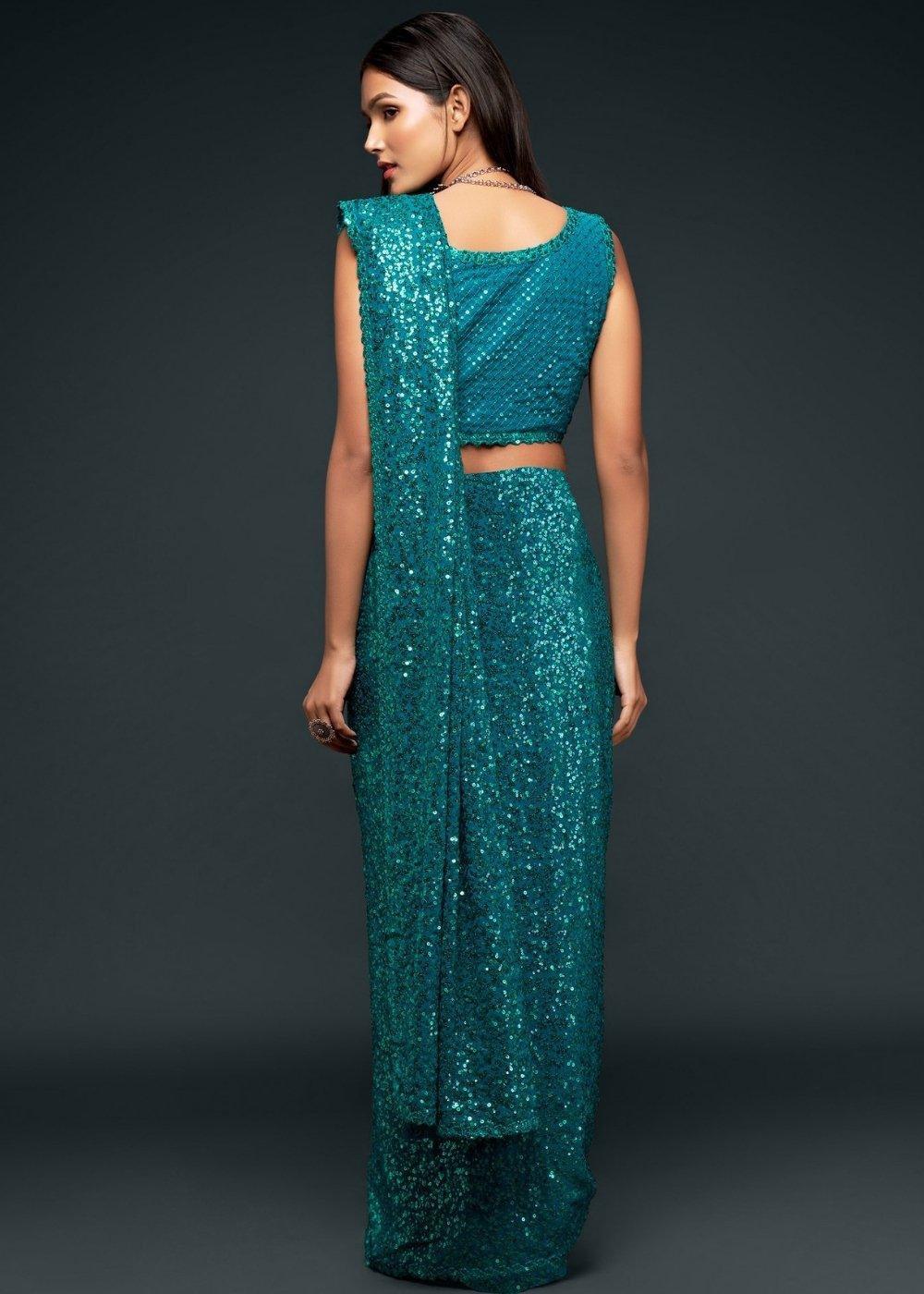 Dark Teal Blue Sequins & Thread Embroidered Designer Georgette Saree | Stitched Blouse - qivii