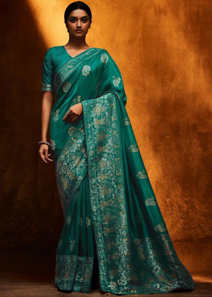 Dark Teal Blue Woven Viscose Silk Saree - qivii