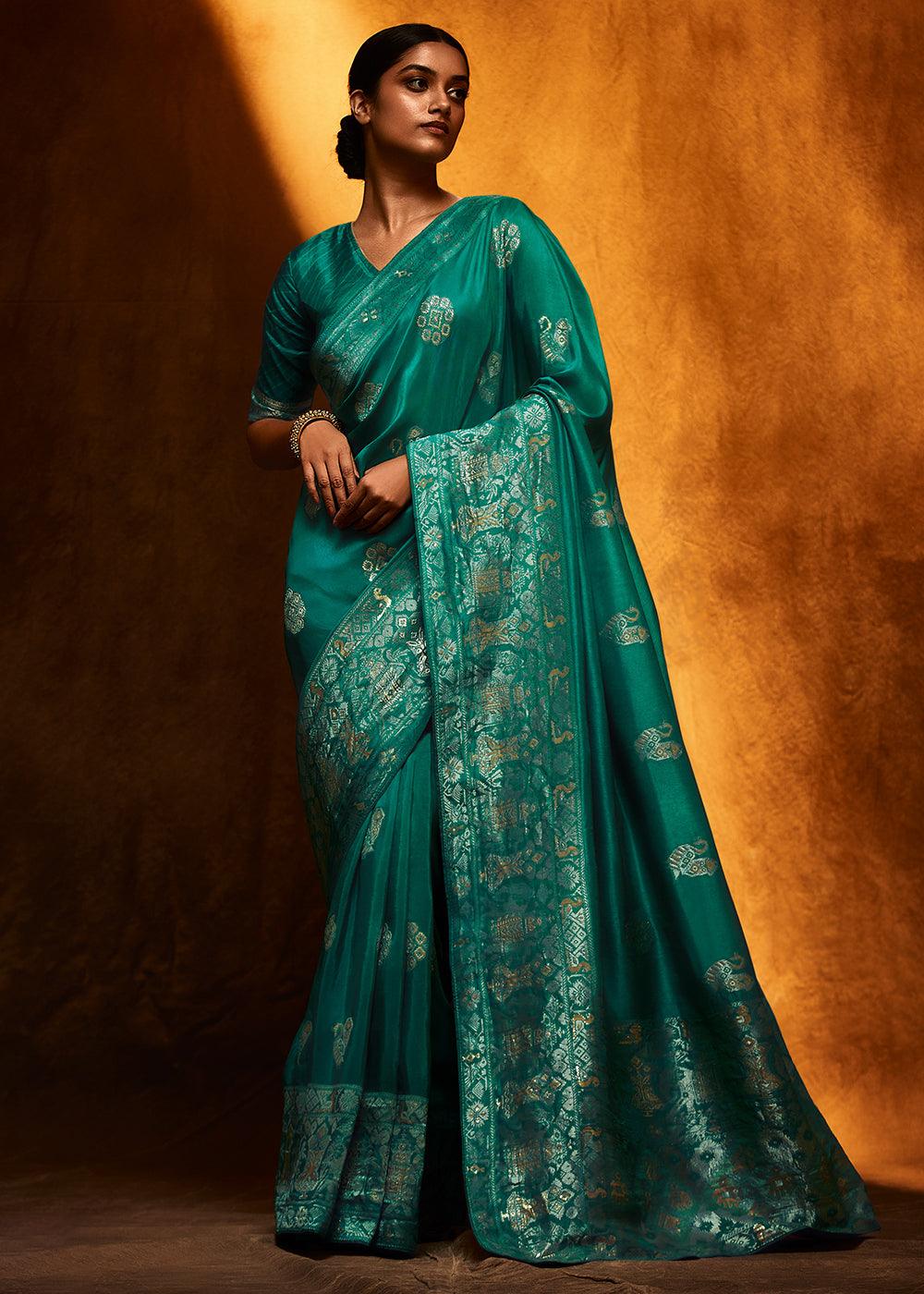 Dark Teal Blue Woven Viscose Silk Saree - qivii