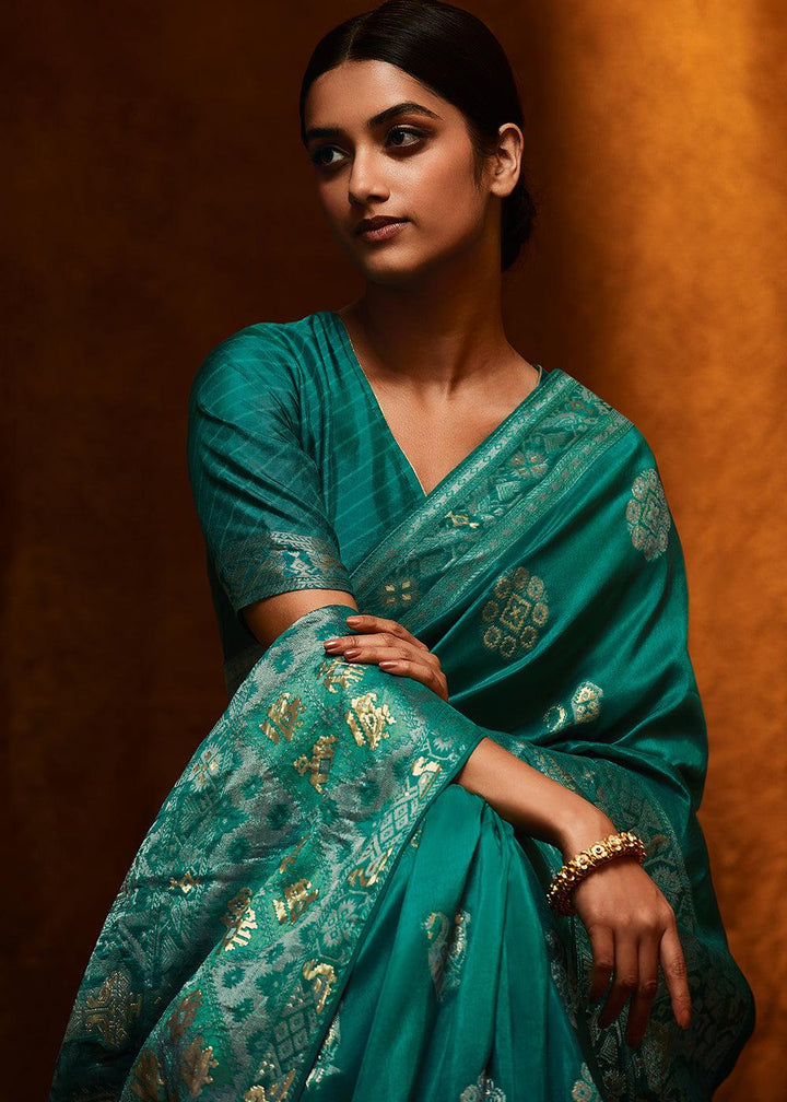 Dark Teal Blue Woven Viscose Silk Saree - qivii