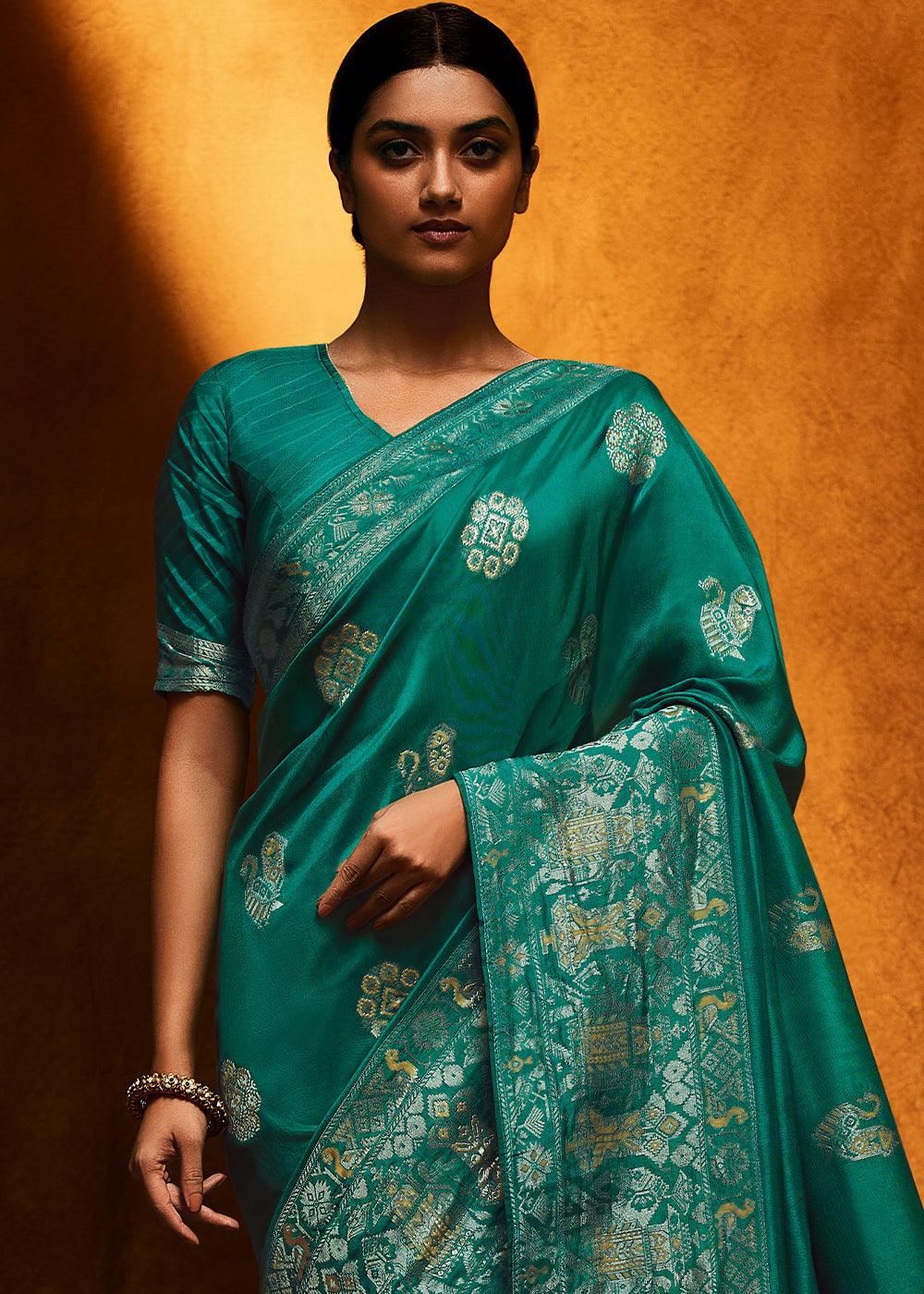 Dark Teal Blue Woven Viscose Silk Saree - qivii