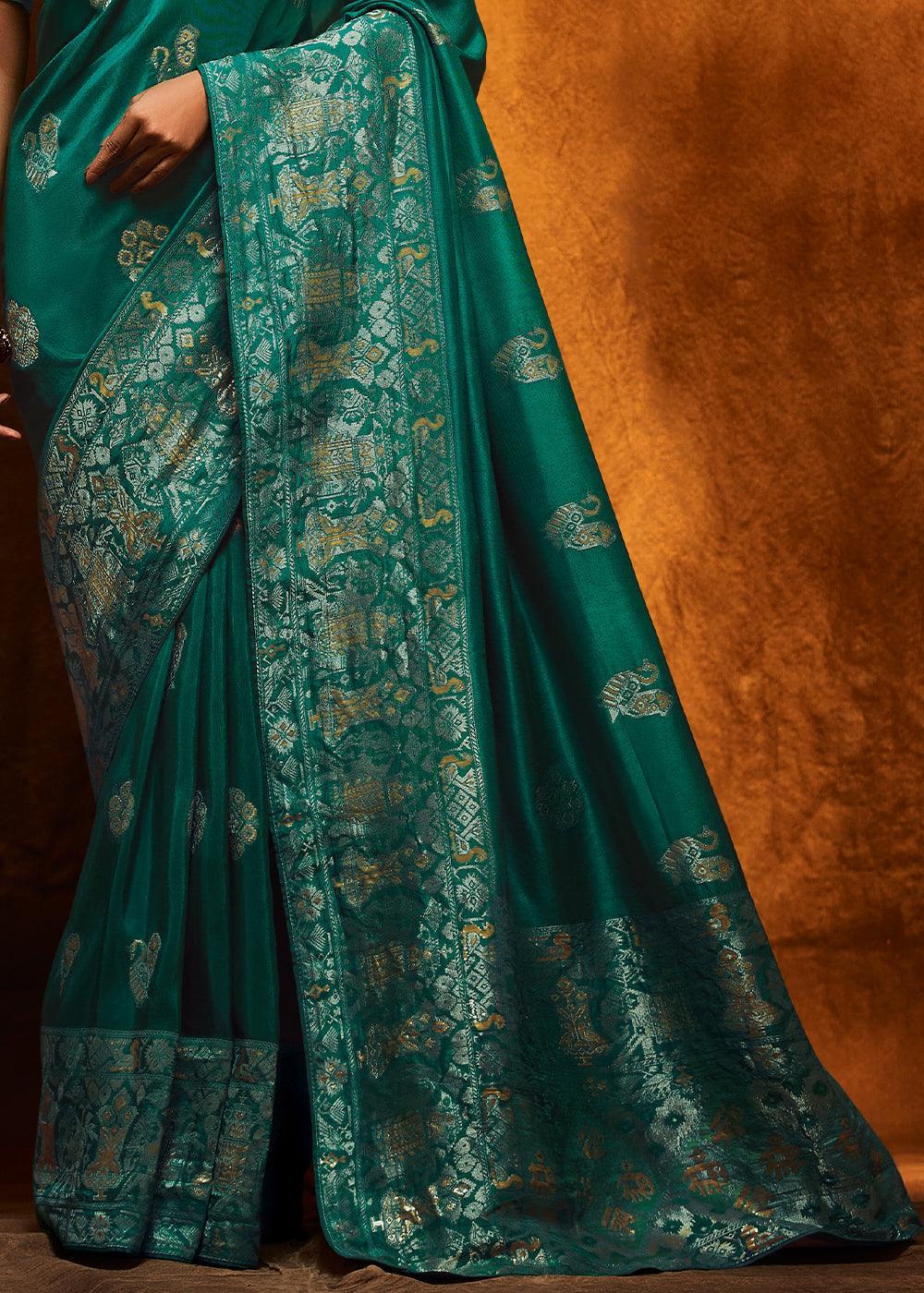 Dark Teal Blue Woven Viscose Silk Saree - qivii