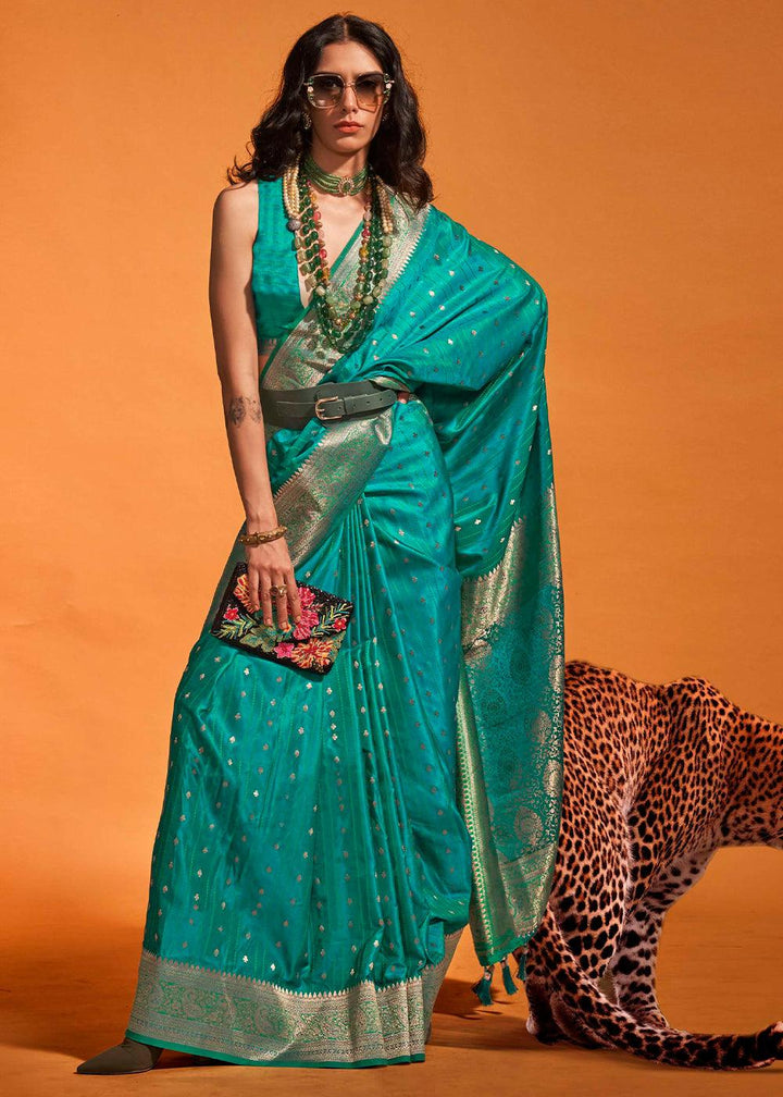 Dark Tiffany Blue Handloom Woven Designer Satin Silk Saree - qivii