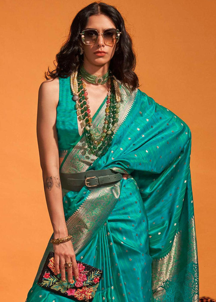 Dark Tiffany Blue Handloom Woven Designer Satin Silk Saree - qivii